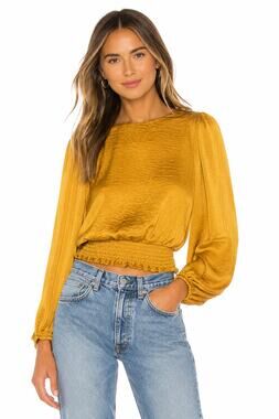 ASTR The Label NWT Satin Smocked Waist Blouse XS Mustard Gold Long Sleeve